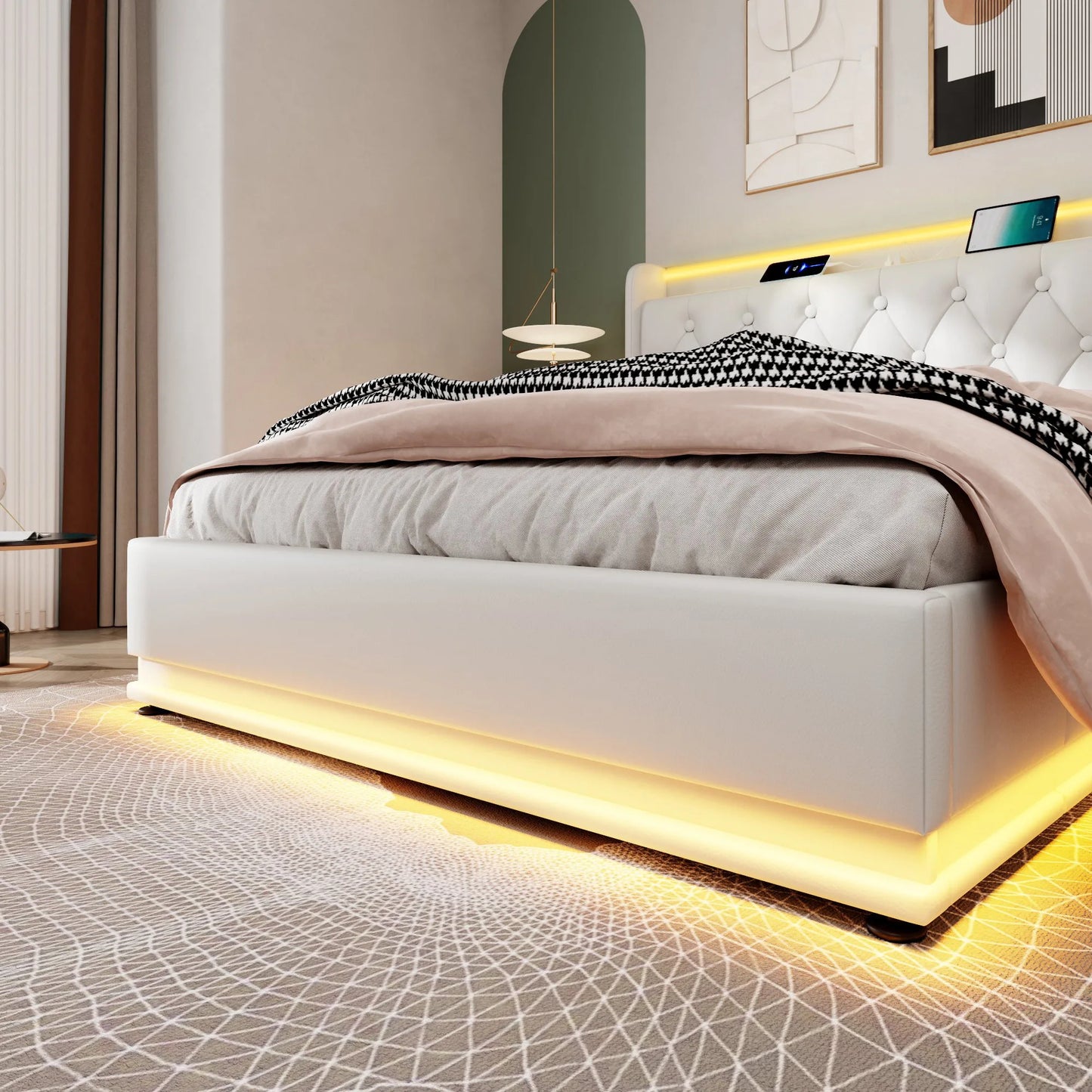 KOMHTOM Hydraulisches Lagerbett Weiß PU - 360-Surround-LED-Funktion, mit USB Typ-C Ladefunktion, ohne Matratze