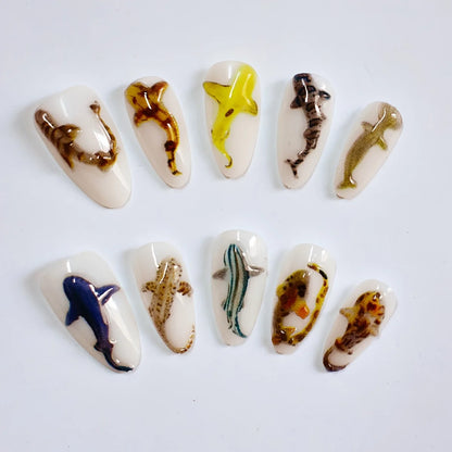 10pcs Handmade Press on Nails Cartoon Shark Pattern Design Fake Nails Wearable Detachable Ins Simple Almond Shaped False Nails.