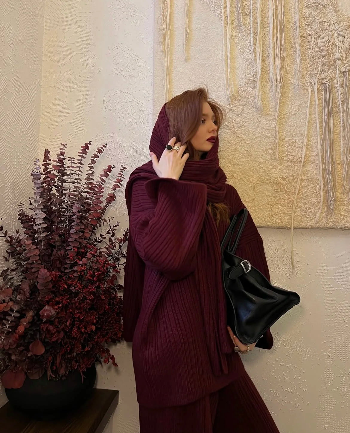 Hirsionsan Soft Elegant Vintage Women Suits 3 Pieces Female Sets O Neck Sweater & Wild Leg Pants with Scarf Knitted TrackSuit.