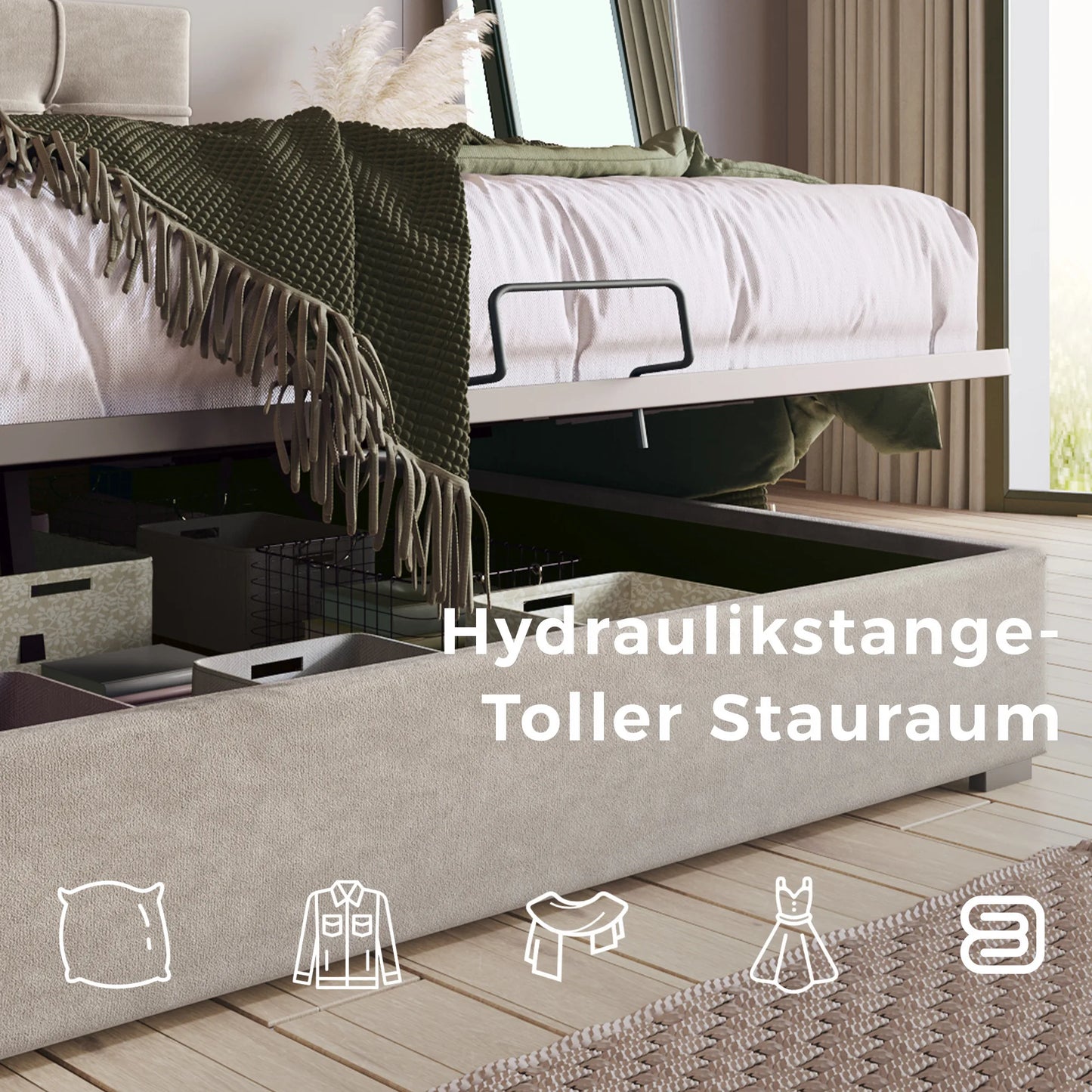 KOMHTOM Hydraulisch Polsterbett Hellgrau - Verstellbares Kopfteil, Metallrahmen-Lattenrost, mit Stauraum, Samtbezug