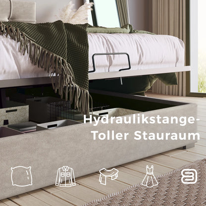 KOMHTOM Hydraulisch Polsterbett Hellgrau - Verstellbares Kopfteil, Metallrahmen-Lattenrost, mit Stauraum, Samtbezug