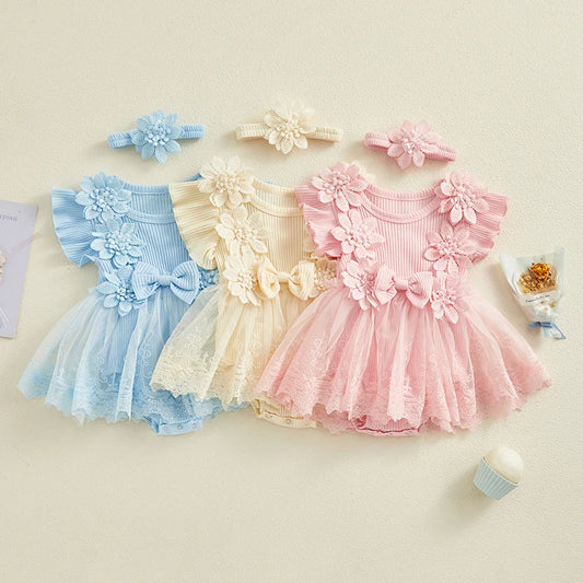 Visgogo Neugeborenen Baby Stram pler Kleid 2 Stück Outfits Mesh Spitze Patchwork Rüschen Bodysuit und Stirnband süße Sommerkleid ung