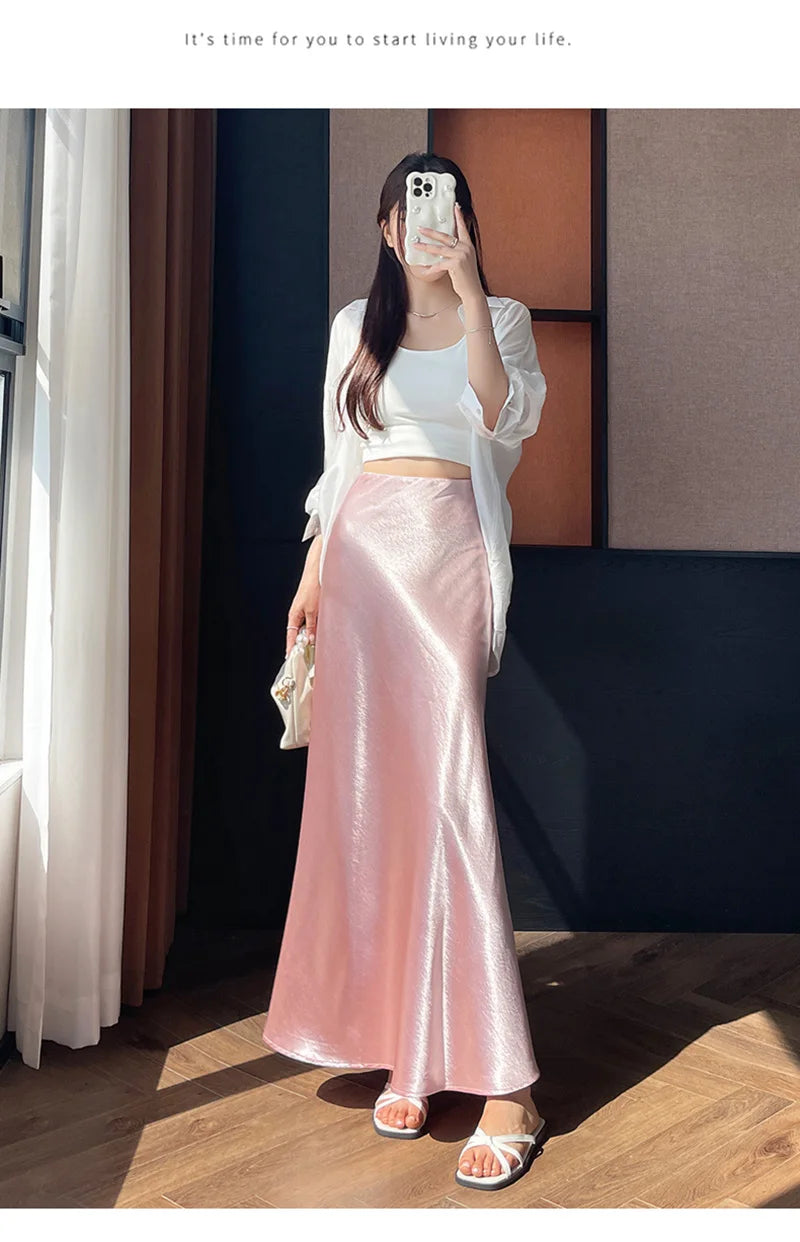 Zoki Chic Satin Elegant Long Skirt Women Casual Fashion High Waist Sweet Trumpet Skirts Slim Summer Female Korean Long Skirts.