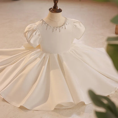 Sommer Solide Perlen Prinzessin Kleid Rundhals Elegante Kinder Brautjungfer Kleidung Luxus Kleider für Hochzeit Edle Kind Kleidung.