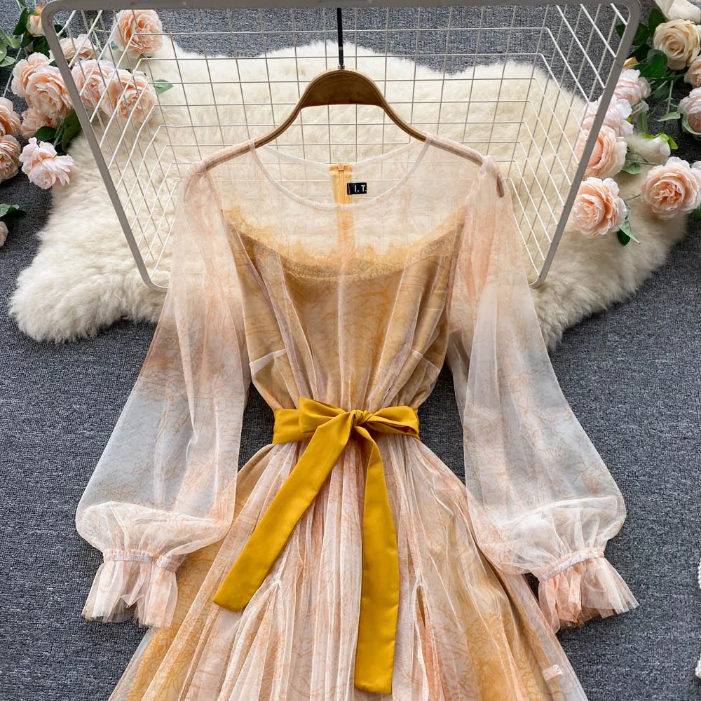 Elegante Frauen Mesh Kleid Vintage Laterne Ärmeln Gedruckt Party Kleider Frühling Sommer Patchwork A Line Bandage Strand Kleid.