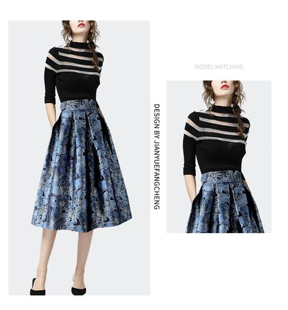 Blue Floral Print Vintage High Waist Ball Gown A-line Loose Women's Skirt Knee-Length Long Skirts For Women Clothing Fashion.