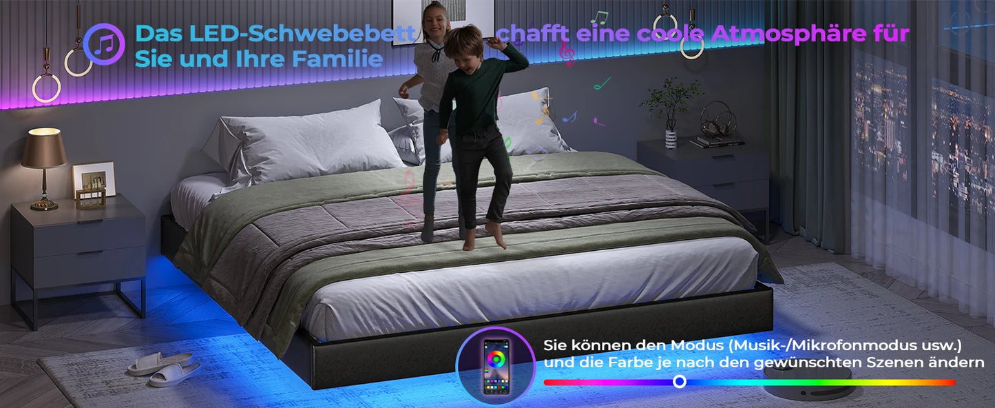 LED-beleuchtetes 180 x 200 cm großes Polsterbett mit Gestell, Gitterbettgestell, schwebender schwarzer Bettrahmen für Schlafzimmer