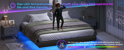 LED-beleuchtetes 180 x 200 cm großes Polsterbett mit Gestell, Gitterbettgestell, schwebender schwarzer Bettrahmen für Schlafzimmer
