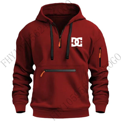 New men's hooded sportswear for autumn and winter 2025, long-sleeved multi-zipper pocket outdoor fishing casual pullover.