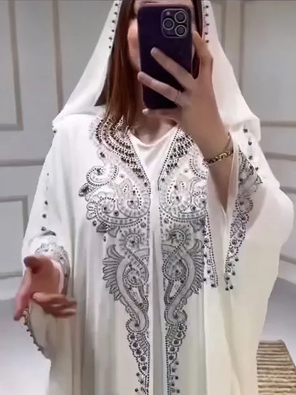 Eid Muslim Dress for Women Hooded Abaya 2 Piece Set Diamond Jalabiya Morocco Party Dresses Dubai Abayas Kaftan Vestido Long Robe.