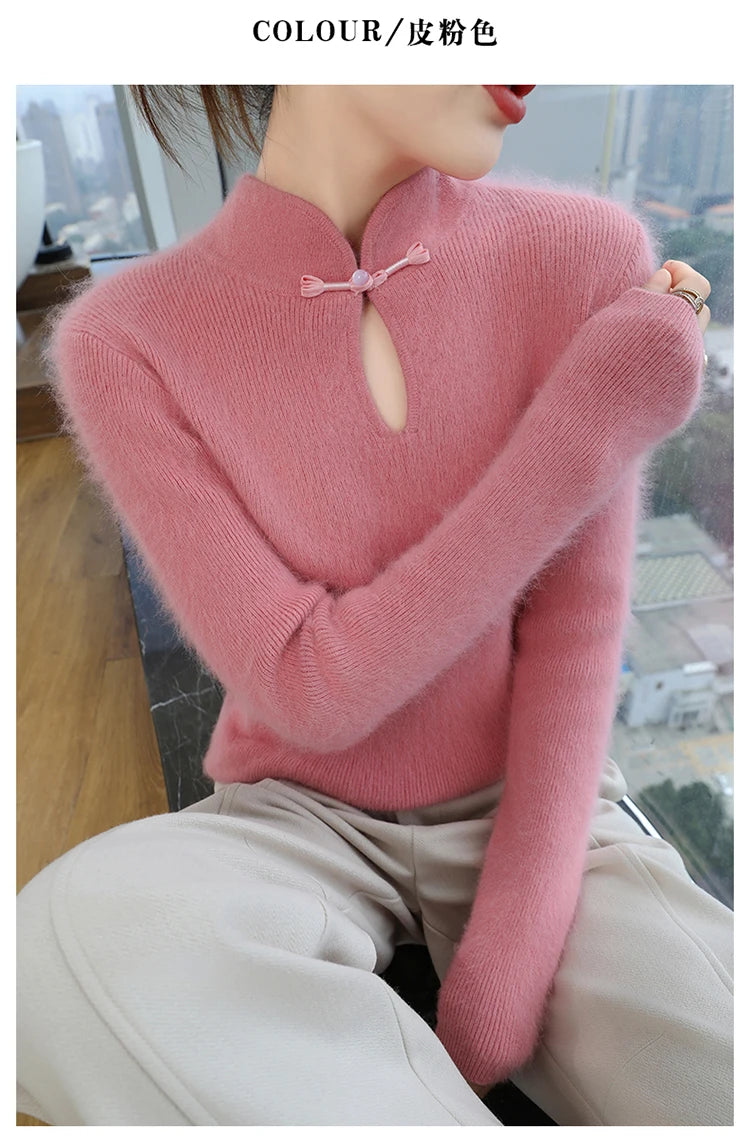 2024 autumn winter new 100% mink cashmere sweater women's pullover slim-fit long sleeve solid color stand collar bottom knitwear