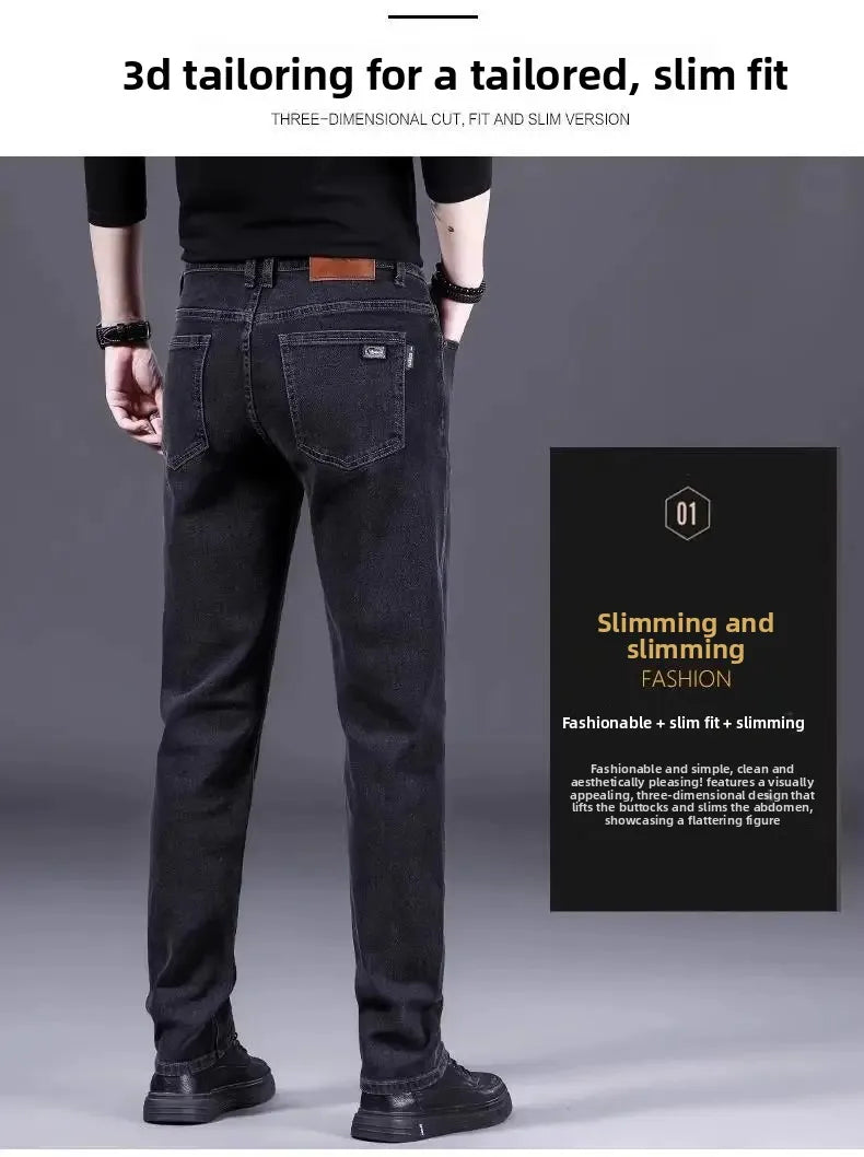 High-End Men's Fleece-Lined Thick Stretchy Straight Leg Jeans 2025 New Style Loose Fit Smoke Grey Trousers for Men.