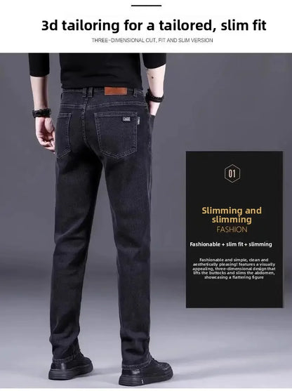 High-End Men's Fleece-Lined Thick Stretchy Straight Leg Jeans 2025 New Style Loose Fit Smoke Grey Trousers for Men.