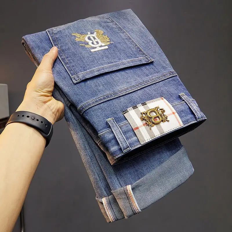 Men's Slim Straight Jeans Fashion Korean winter and Autumn Trousers Comfortable Elastic Blue Fitted Business Casual Denim Pants.