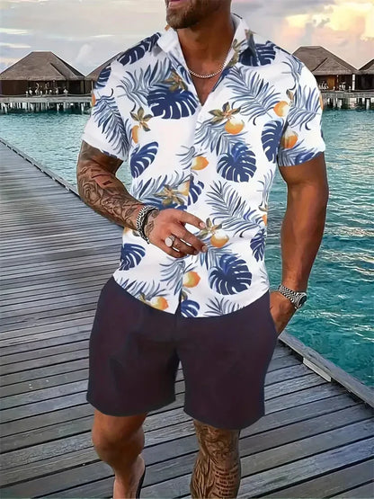 Men's Hawaii Shirt Set Men's 3D Printed Short Sleeve Shirt Shorts Two Piece Summer Beach Lapel Shirt Set Unisex Casual Clothing.