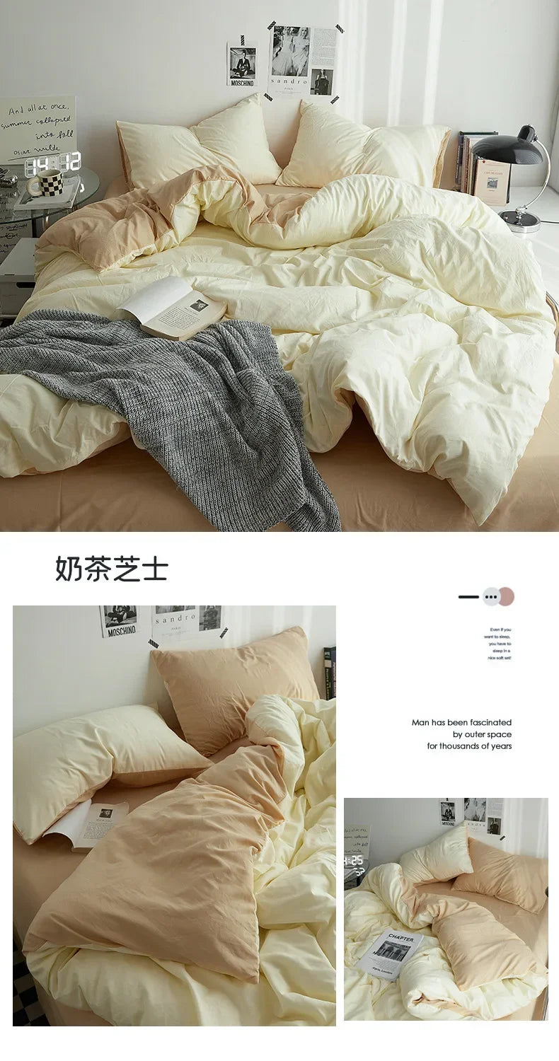 High Quality Solid Color Double Washed Cotton Bedding 4 Pieces Set Student Dormitory Bed Linen Duvet Set Bed Suit.