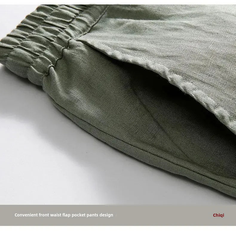 Casual Men's Linen Pants Loose Fit Cotton Linen 3/4 Length Pants Chinese Style Men's Material.