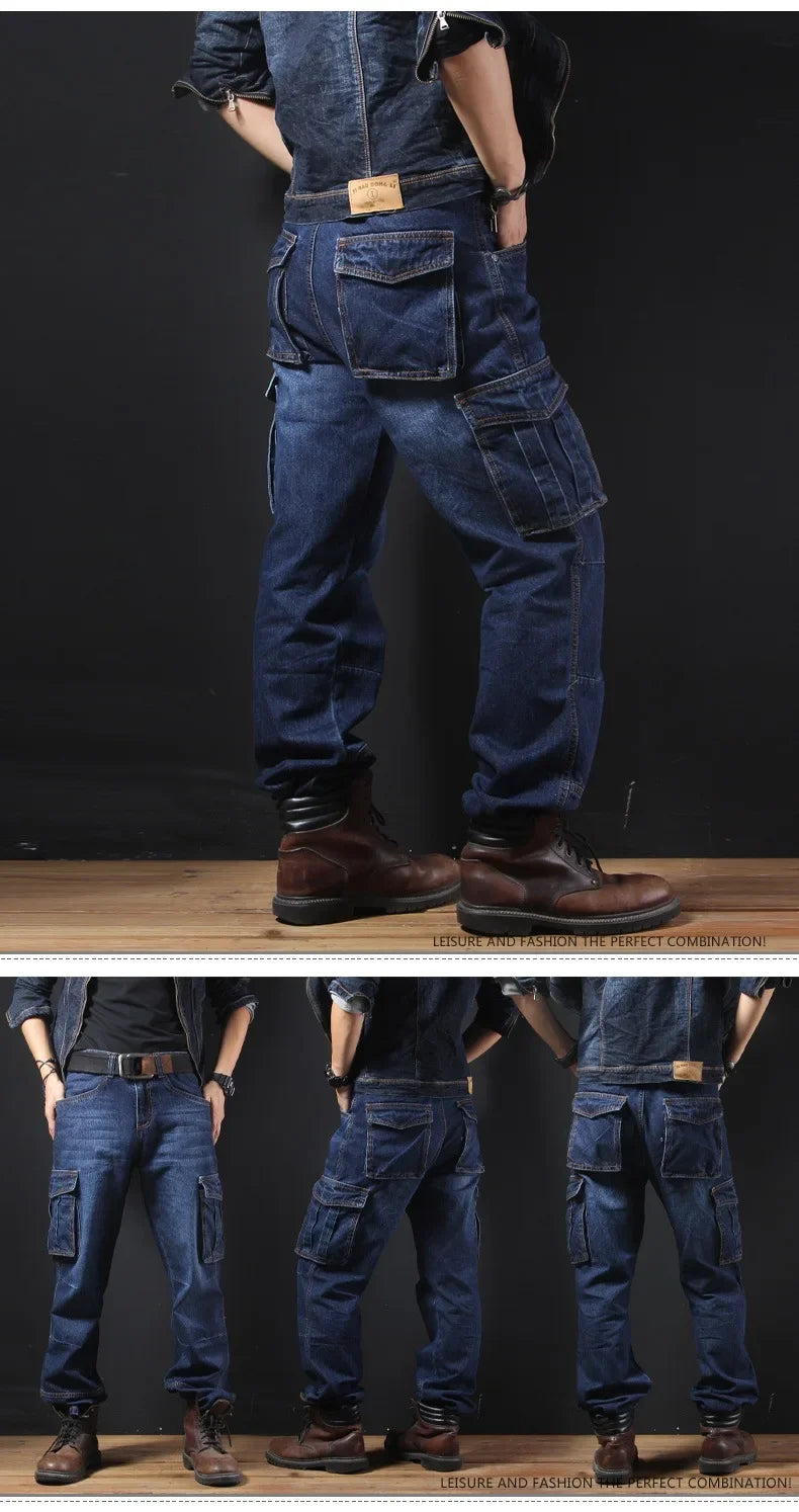 Men's Autumn/Winter Multi-Pocket Straight-Leg Cargo Pants Loose Fit Plus Size Plus Beefy Jeans Casual Comfortable Denim Trousers.