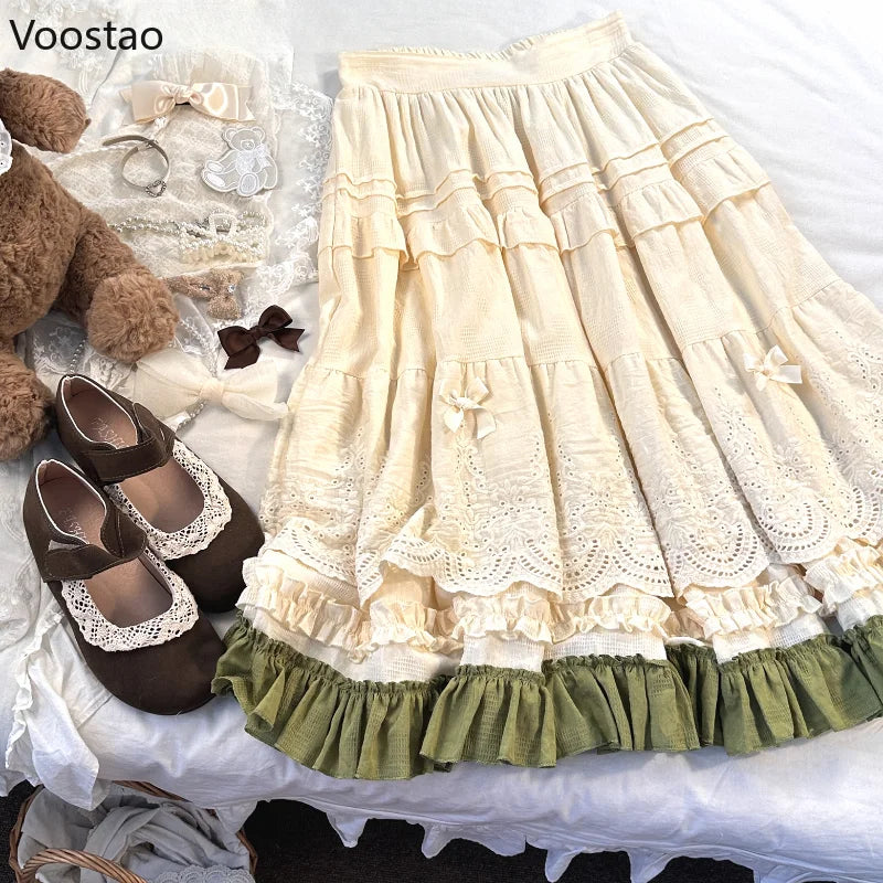 Mori Girl Style Lolita Midi Skirt Women Vintage Embroidery Lace Floral Bow Ruffles Long Skirts Female Prairie Chic Party Skirt.