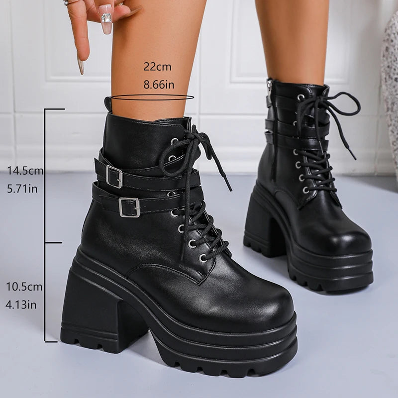 Fashion Buckle Cunky Platform Ankle Boots Women Lace Up Super High Heel Punk Boots Woman Pu Leather Thick Heels Motorcycle Botas.