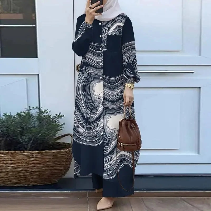 Mandylandy Muslim Robe Long Shirts Women Islamic Clothing Arabian 2 Piece Set Outfits Long-sleeve Shirt and Trousers Sets.