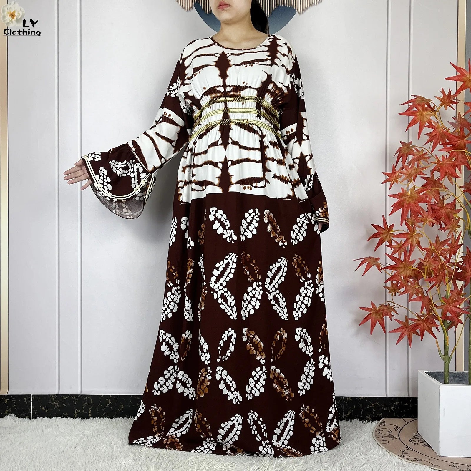 New Women Party Dress Dubai Muslim Summer Cotton Long Sleeve Collect Waist Boubou Maxi Islam Women Elegant Dress African Abaya.