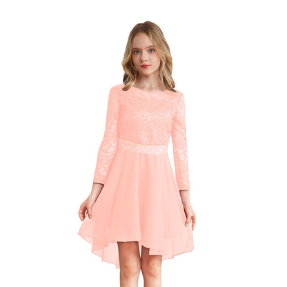 Elegantes Spitzen-Partykleid für Kinder, Mädchen, Chiffon, Spleißen, langärmelig, Kleid mit hohem und niedrigem Saum und Strass-Schärpe für Hochzeit, Geburtstag