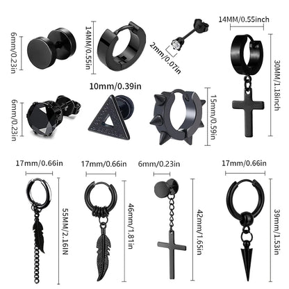 1 /11 Pairs Punk Stainless Steel Stud Earrings Black Earrings Set For Men Women Vintage Hip Hop Piercing Ear Jewelry Accessories.