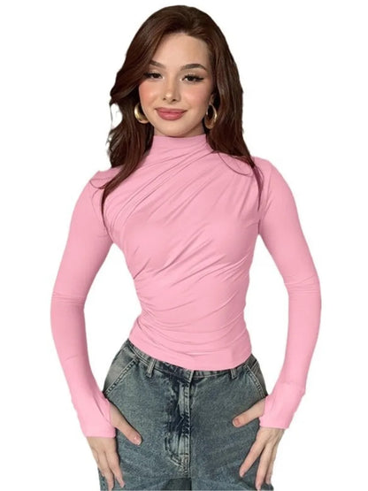 Solid Color High Neck Elegant  Tops For Woman Fashion Chic Pleated Long Sleeves Slim Shirt Spring Autumn Ladies Sexy Blouses.