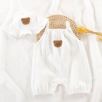 Neugeborene Baby Sommer dünne Bodysuit Mädchen ärmellose Hosenträger Stram pler Anzug Jungen niedlichen Stickerei Cartoon Pyjama Hut 2 Stück Set.