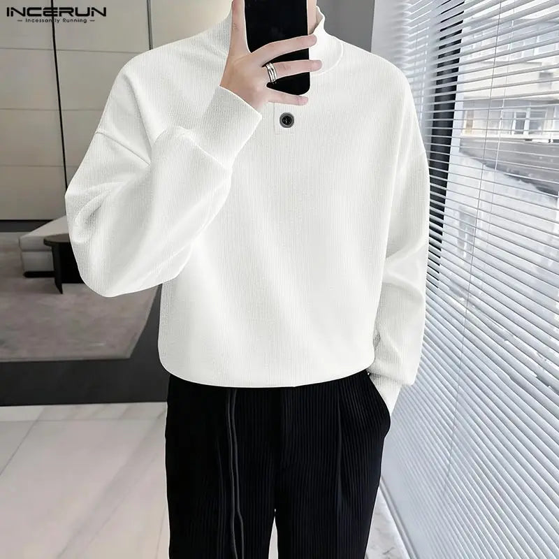 INCERUN Men Pullovers Solid Color Knitted Turtleneck Long Sleeve Male Sweaters Streetwear Knitted Fashion Casual Men Clothing.