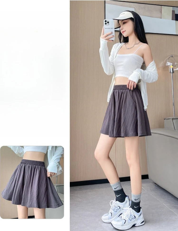 Women Quick Dry Sporty Short Pants Summer Thin Pleated Shorts Skirts High Waist A- Line Five Quarter Pants Cool Wide Leg Pants.