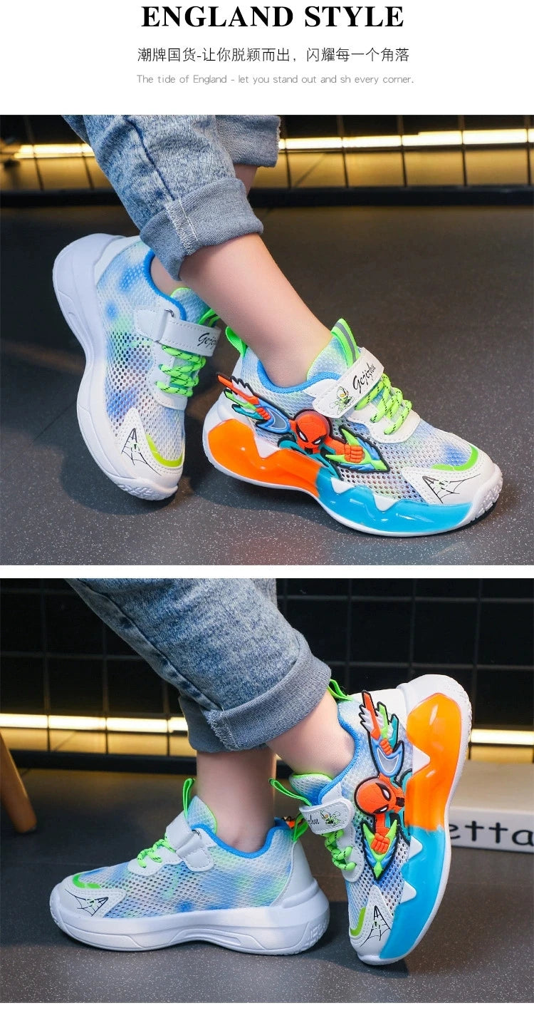 Disney Children's Shoes Fashion Cartoon Spiderman Sneakers for Boys Breathable Sport Shoes Anti-slip Toddler Shoes Student Shoes.