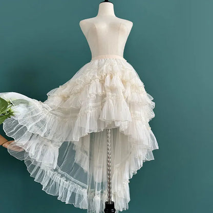 Gothic Lolita Layered Underskirt Sweet Princess Mesh High Low Ruffled Skirt for Women.