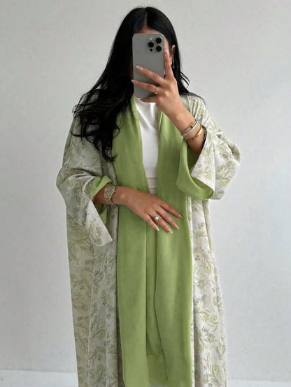 Lockeres, mit Blumenmuster bedrucktes Abaya-Langarmkleid für den orientalischen Nahen Osten für Damen, elegante Robe mit offener Vorderseite ohne Schal.