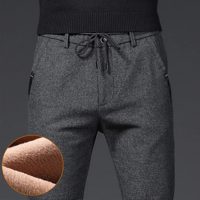 Winter Plush Trousers Men Business Fleece Pants Fashion Warm Drawstring Velvet Thick Casual Stretch Male Clothes 28-29.