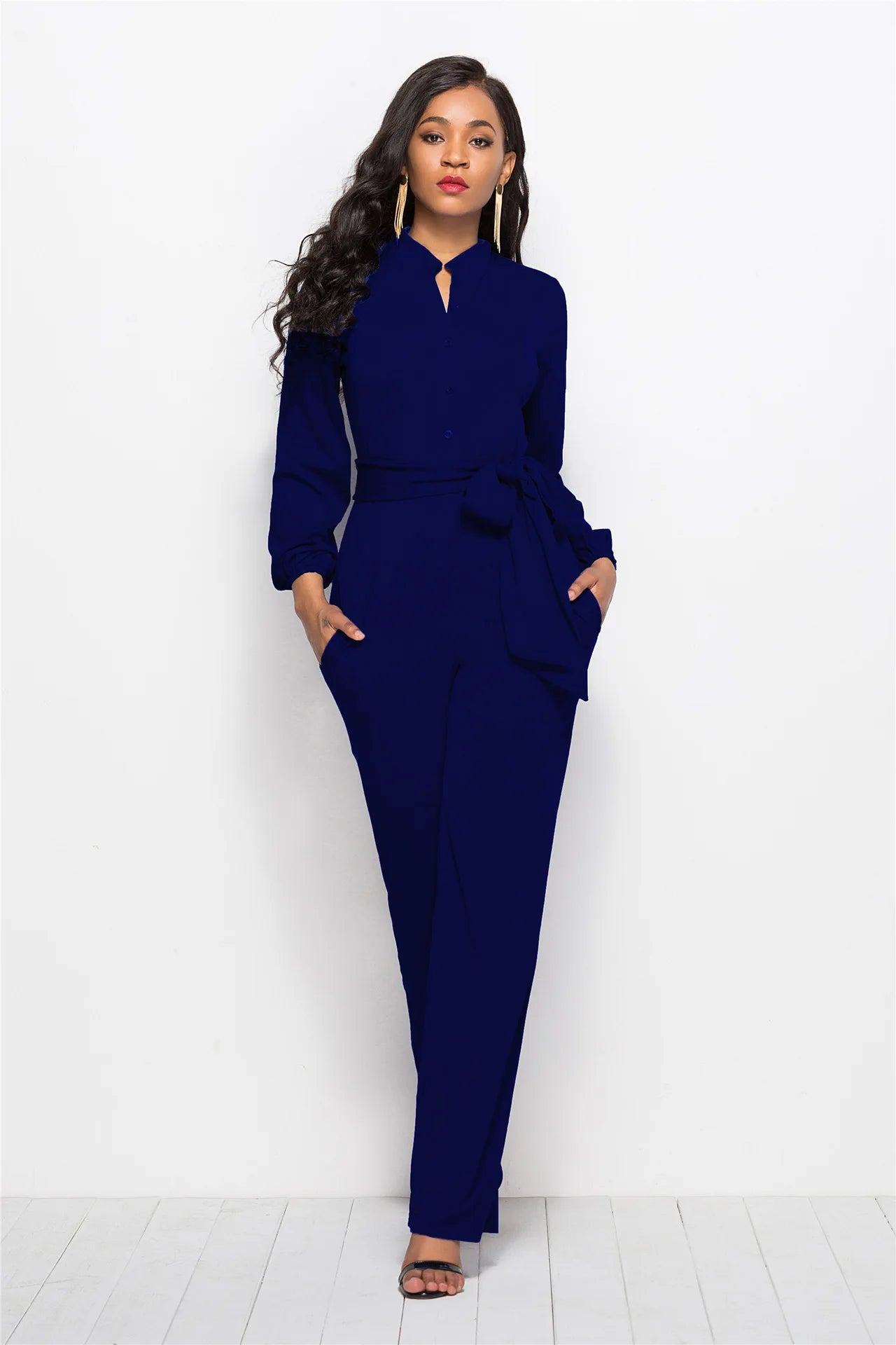 Temperament Solid Color Slim Jumpsuits Women Fashion Long Sleeve Buttons High Waist Leace-up Jumpsuit Ladies Commuting Clothing.