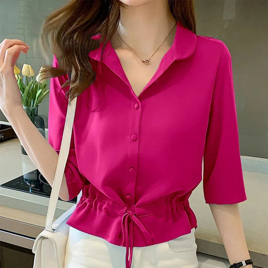 Summer Women All-match Solid Turn-down Collar Half Sleeve Chiffon Shirt Fashion Casual Shirring Single-breasted Blouses Female.