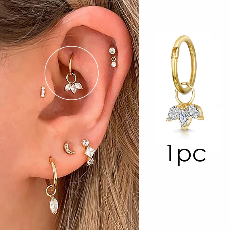 1pc Crown Pendant Dangle Earrings For Teen Girl Kpop Style Gold Color Stainless Steel Hoops Ear Cartilage Rook Piercing Jewelry.