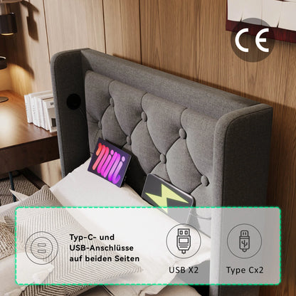 Gepolstertes Einzelbett 90x200 cm, graue Baumwolle, USB-C-Aufladung, 3-seitige LED (keine Matratze)