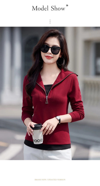 Fake two long sleeved T-shirts for women in autumn and winter, new fashionable plus size color blocked warm zipper lapel top.