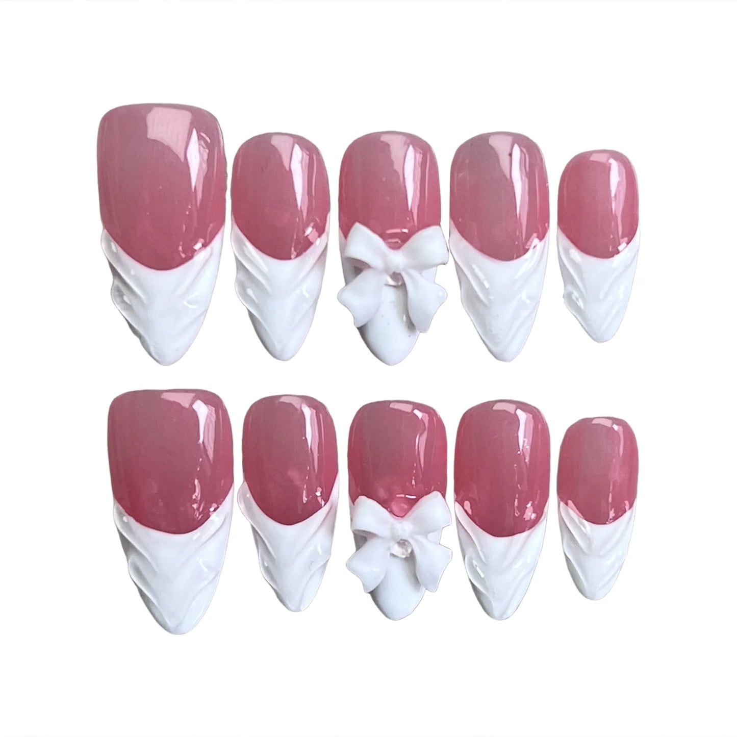 10pcs White French Handmade False Nails 3D Bowknots Designs Press On Nails Rose Pink Detachable Almond Fake Nail Patches.