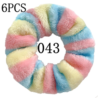 6pc Hair Scrunchies Furry Elastic Band Women Girl Ponytail Holder Rubber Ties Accessories Plush Faux Fur Soft Chiffon Headband