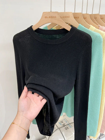 Spring  Basic O-Neck Slim T-Shirt Women Solid Multi Color All-Match Trend Casual Top Screw Knit Long Sleeve Elastic Office Lady