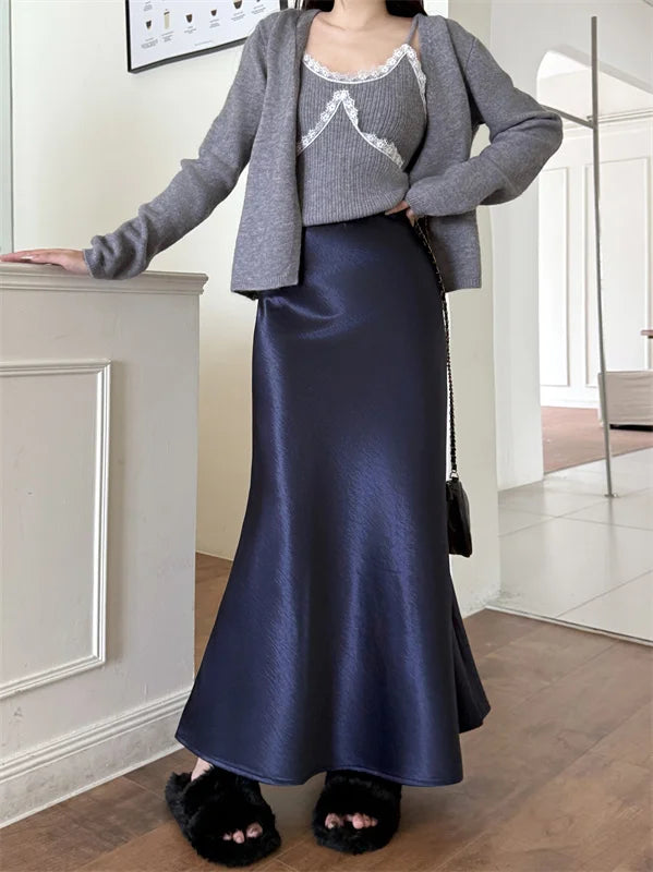 High Waist Women's Fleece-Lined Thickened Elegant Long Skirt Satin Mermaid Skirt Elegant Drapey Bodycon Skirt For Autumn Winter.