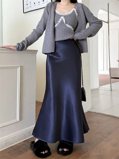 High Waist Women's Fleece-Lined Thickened Elegant Long Skirt Satin Mermaid Skirt Elegant Drapey Bodycon Skirt For Autumn Winter.