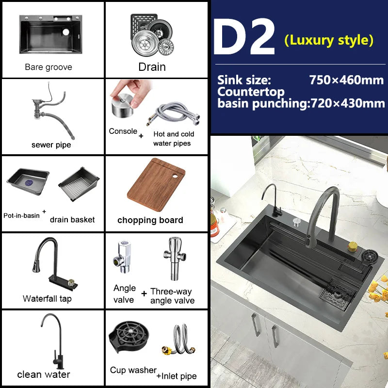 Kitchen Sink Stainless Steel Large Single Slot Multifunctional Tank Wash Basin With Waterfall Faucet Lowe Price