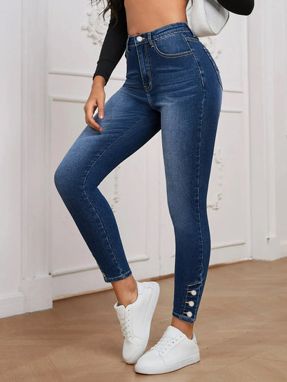 New 2025 Women's Slim Fit Elastic Jeans Nine-Piece Buttoned Bootcut Denim Pants Mid Waist Small Foot/Pencil Jeans.