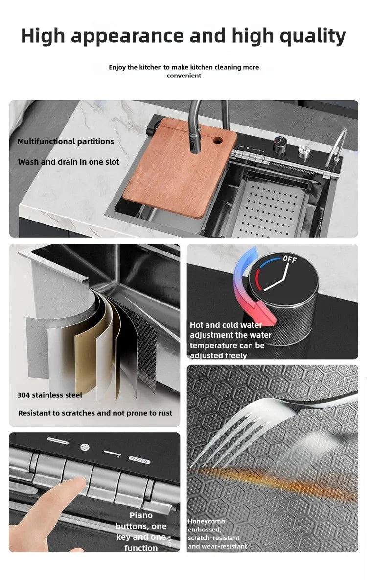 Stainless Steel Kitchen Sink Waterfall Faucet Large Single Sink Intelligent Dishwasher Sink Digital Display and Light Effects