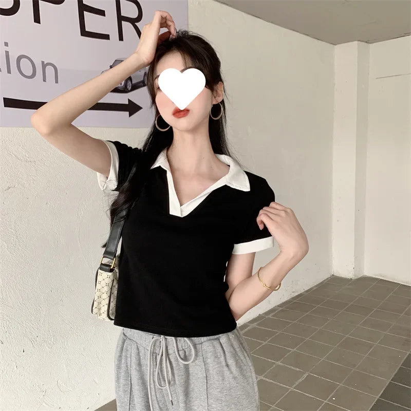 Plus Size Slimming Effect plus Size Women's Polo Neck T-shirt 200 Pounds Large Code College Style Top for plus Size Women.